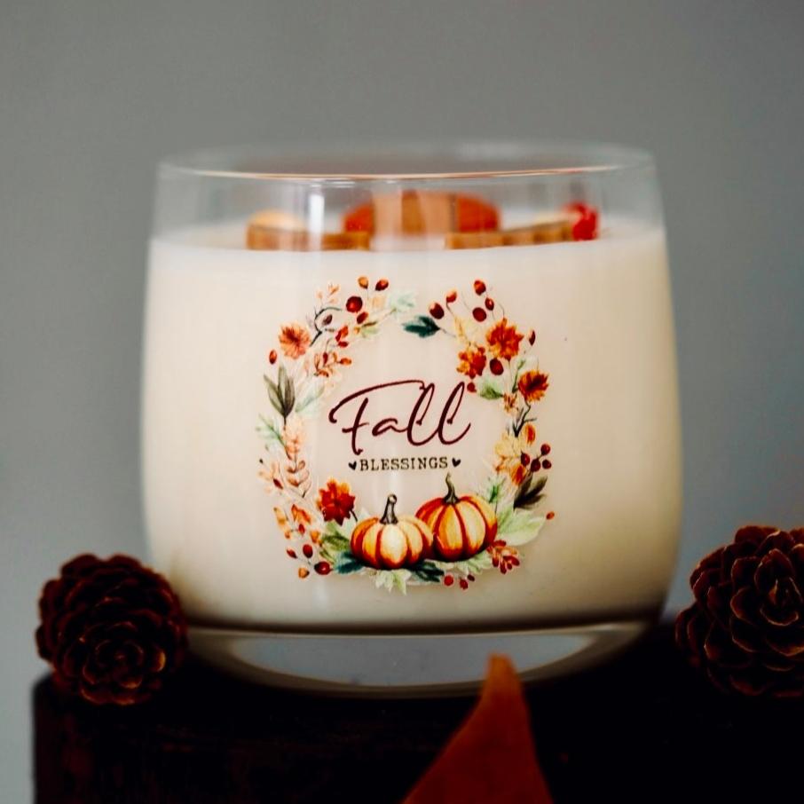 ❥ Vela de otoño en vaso, aroma: Pastel de calabaza/ Flor de naranja 🍁🍂