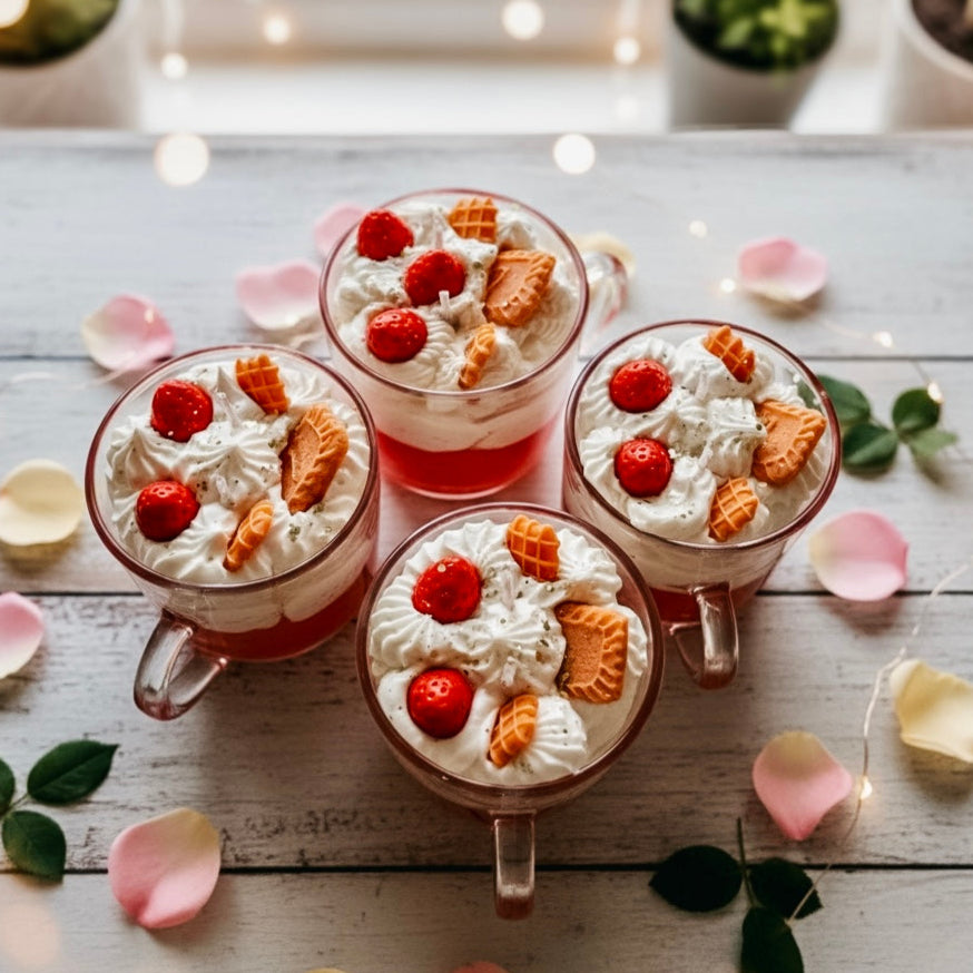 ❥ Vela en taza tipo postre, aroma FRESAS Y NATA (Stock limitado)