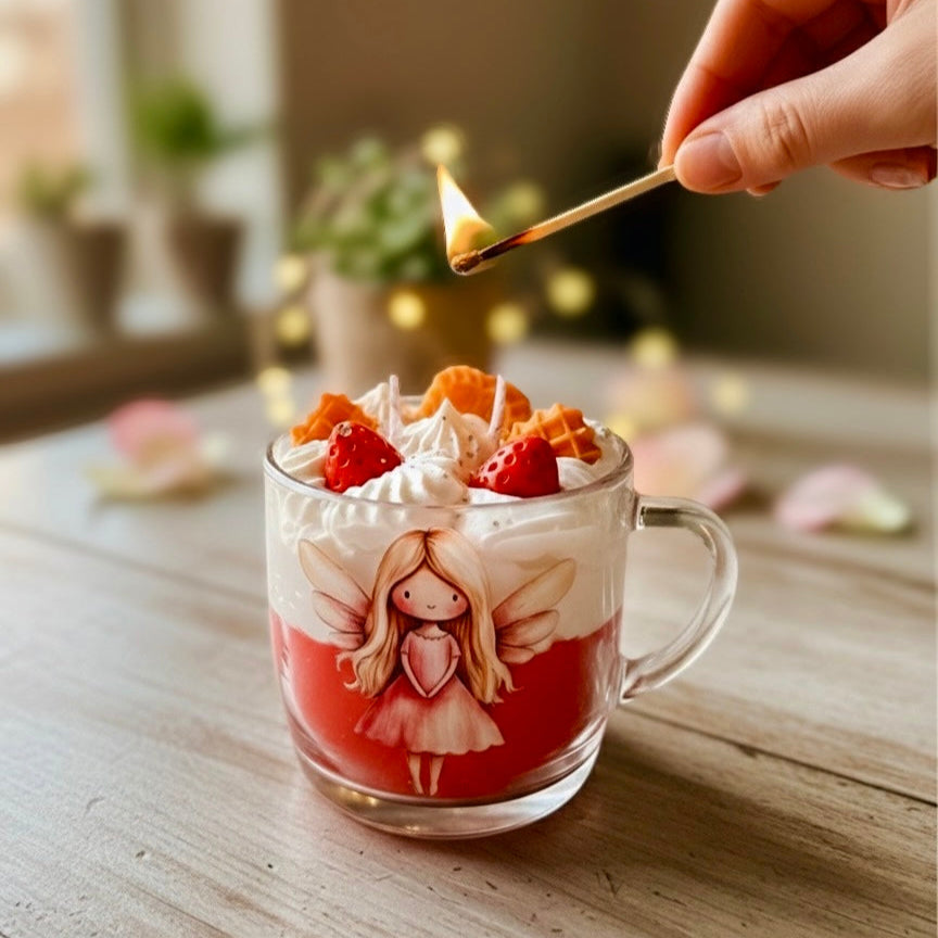 ❥ Vela en taza tipo postre, aroma FRESAS Y NATA (Stock limitado)