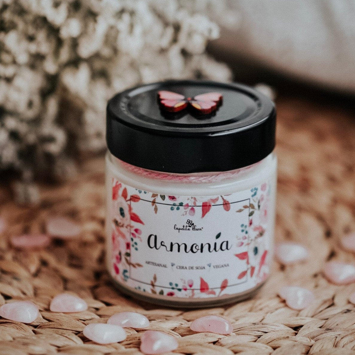 ❥ Vela "Armonía" con corazón de cuarzo rosa 💖