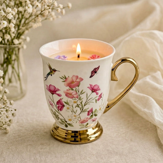 ❥ Vela en taza estilo vintage, aroma lavanda y manzanilla | Edición limitada