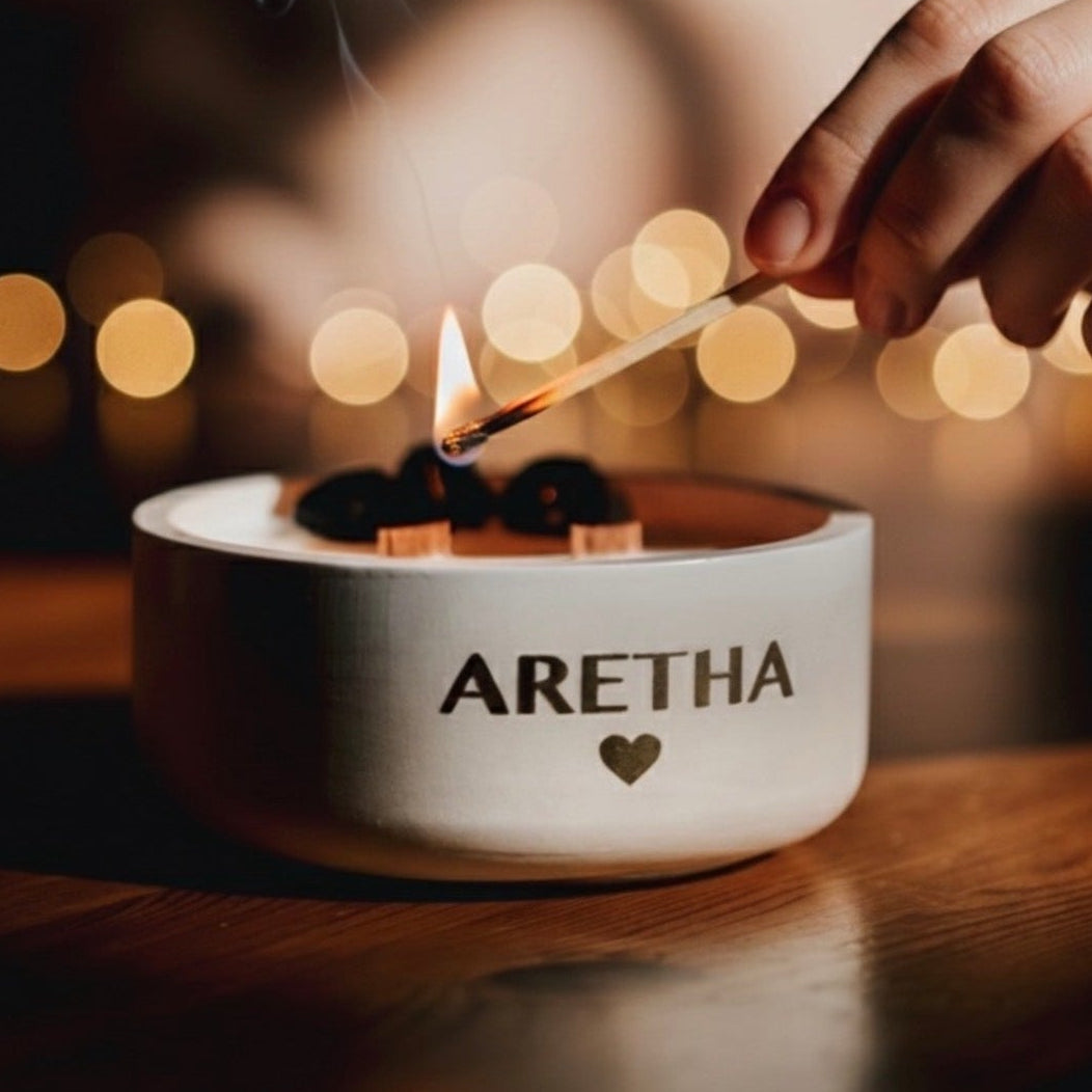 ❥ Vela "ARETHA" – Fuerza, elegancia y alma (con 3 piedras de Ónix)