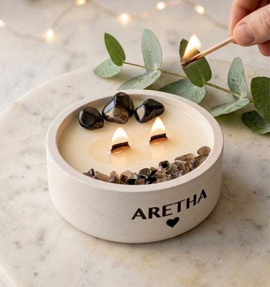 ❥ Vela "ARETHA" – Fuerza, elegancia y alma (con 3 piedras de Ónix)