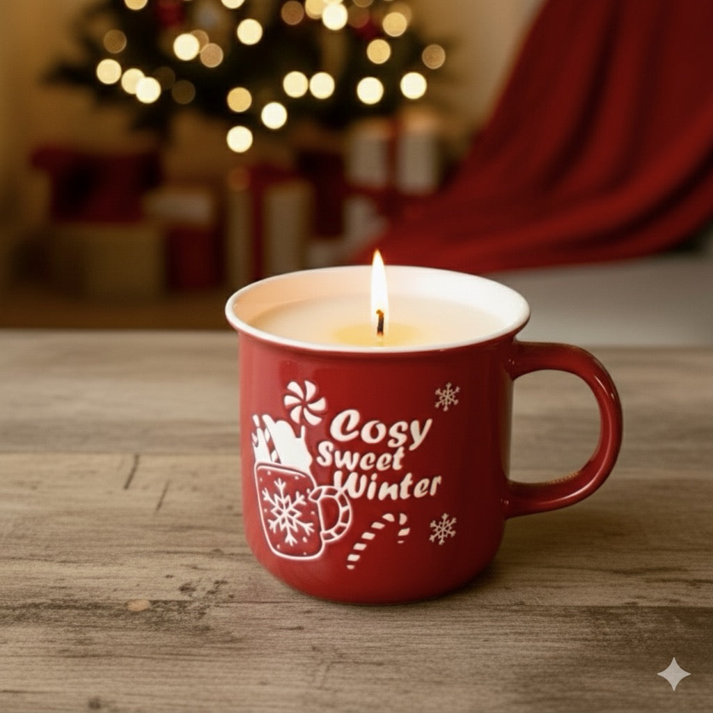 ❥ Vela en taza roja navideña, aroma a pastelitos navideños - EDICIÓN LIMITADA -