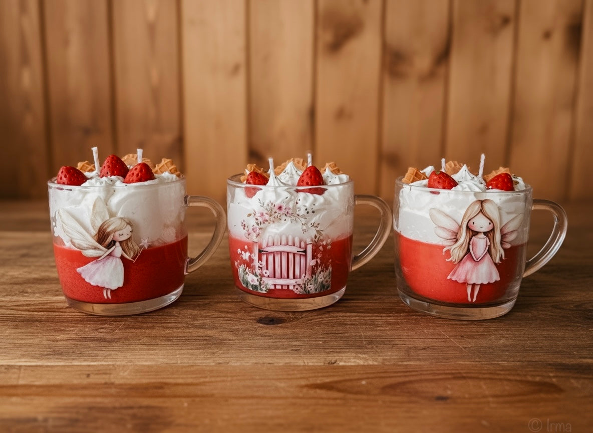 ❥ Vela en taza tipo postre, aroma FRESAS Y NATA (Stock limitado)