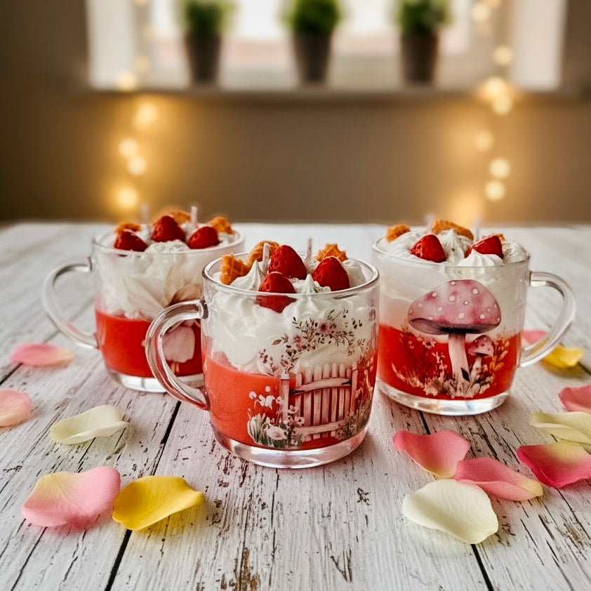 ❥ Vela en taza tipo postre, aroma FRESAS Y NATA (Stock limitado)