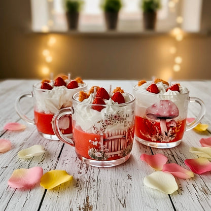 ❥ Vela en taza tipo postre, aroma FRESAS Y NATA (Stock limitado)